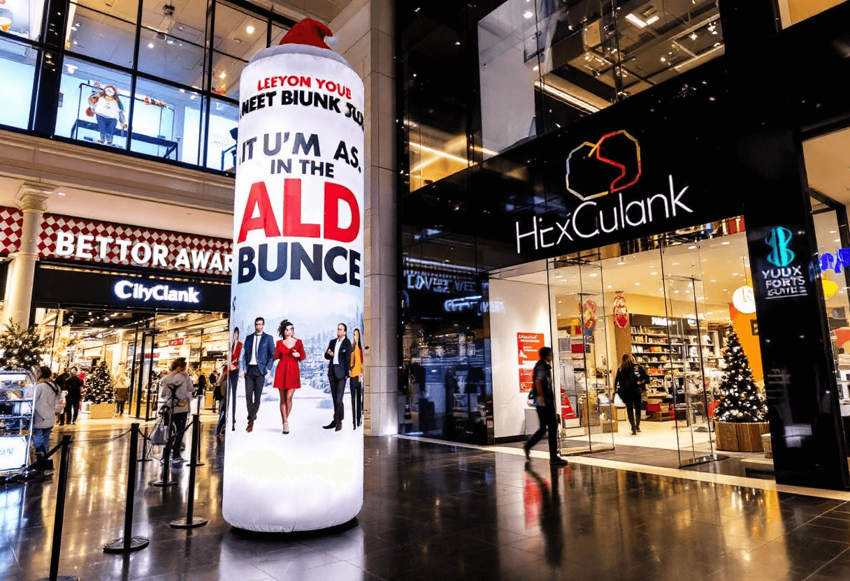 Colonne gonflable publicitaire devant une entrée d'un magazin durant les fêtes